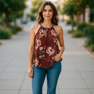 Paper Moon Floral Halter Top - Burgundy and Green Size PM